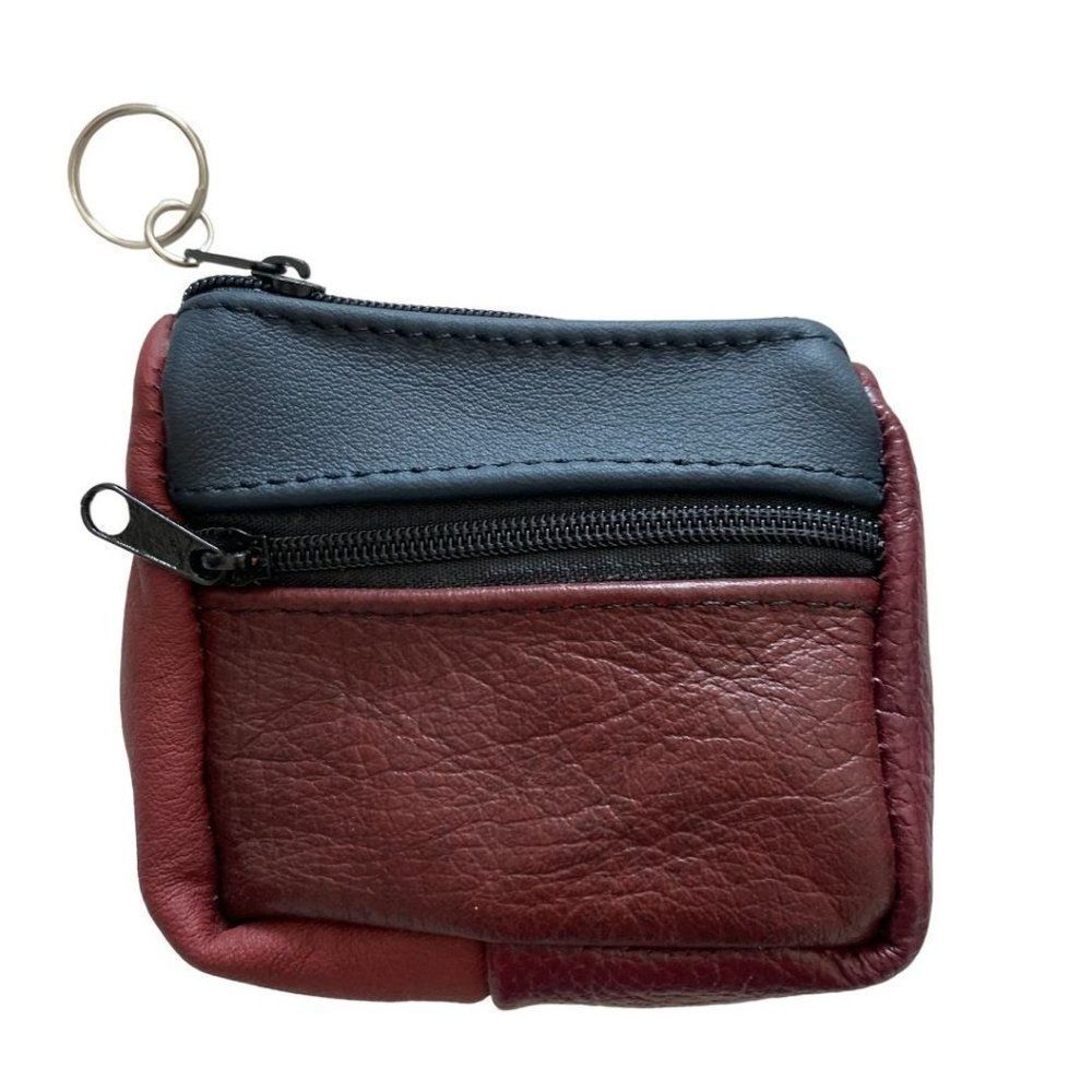 Red Blue Leather Color Block Handmade Coin Purse Card Holder